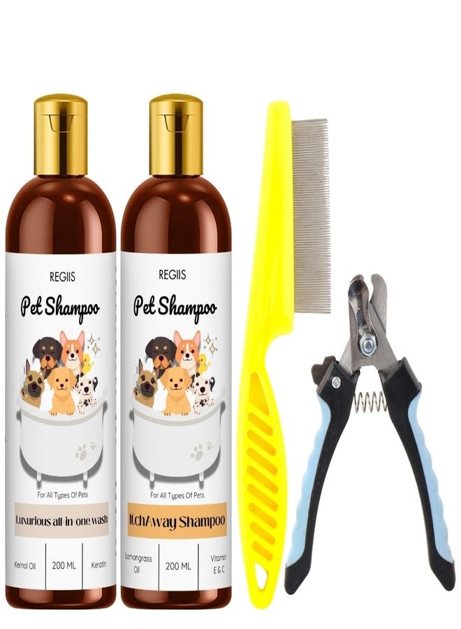 مجموعة العناية بالحيوانات الأليفة من ريجيس، مجموعة شامبو للكلاب مع مشط للبراغيث ومقص أظافر، زجاجتان سعة كل منهما 200 مل، لجميع أنواع الحيوانات الأليفة (عبوة من 4 قطع) - Image 1